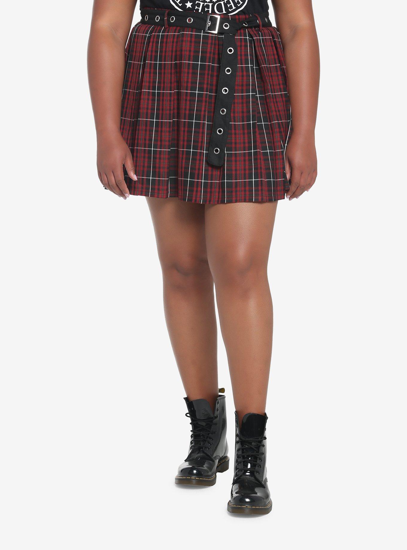 Dark Red Plaid Pleated Skirt With Grommet Belt Plus Size, PLAID-MAROON, hi-res