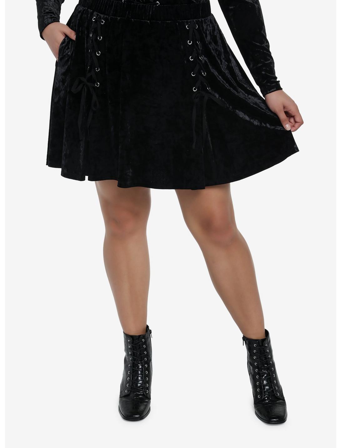 Crushed Black Velvet Lace-Up Skater Skirt Plus Size, BLACK, hi-res
