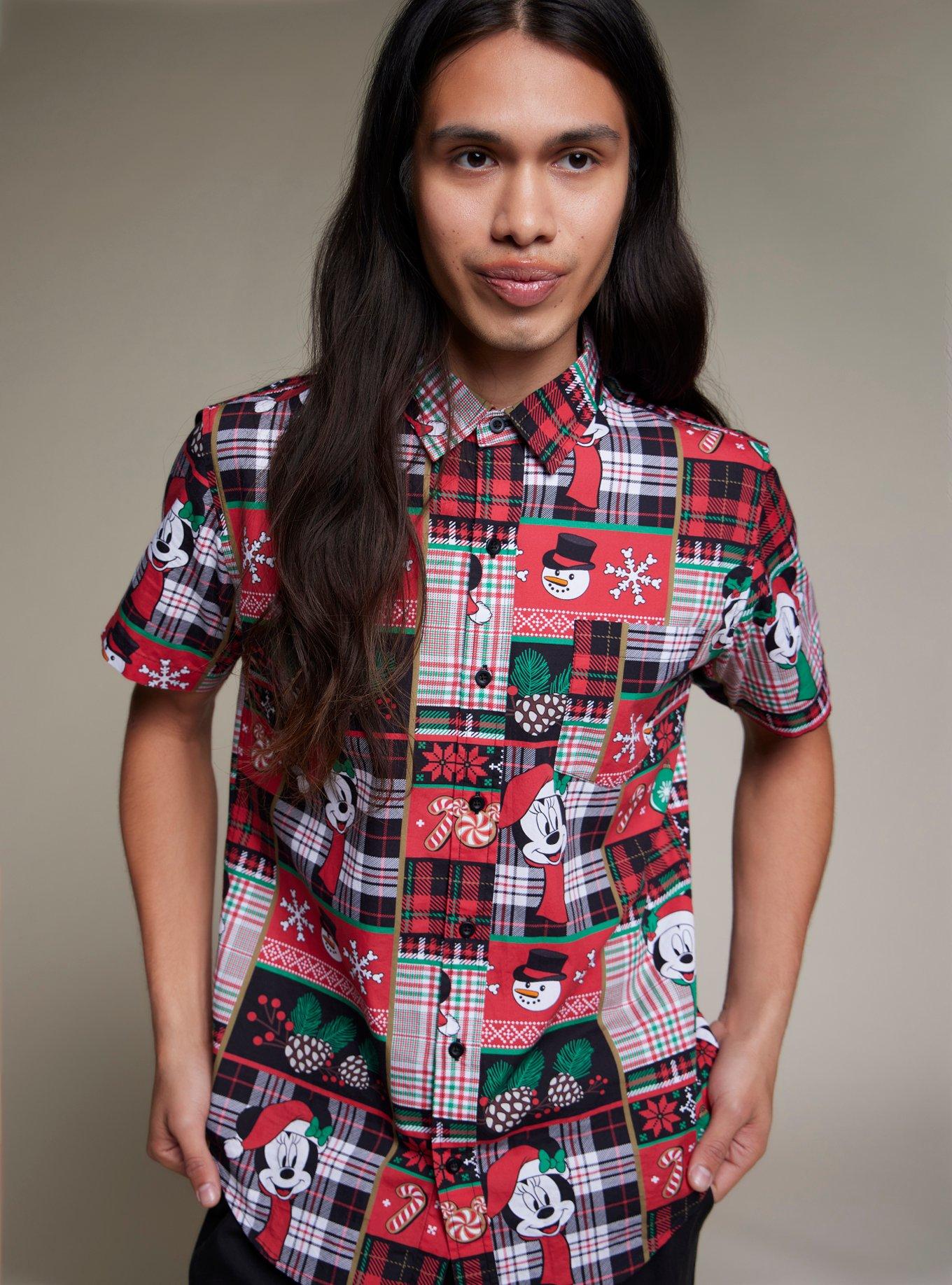 Our Universe Disney Holiday Gift Wrap Patchwork Woven Button-Up, MULTI, hi-res