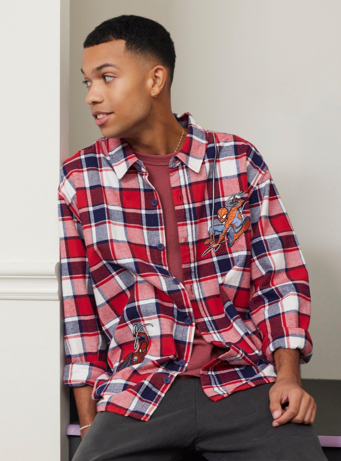 Our Universe Marvel Spider-Man Patches Button-Up Flannel Shirt, PLAID - RED, hi-res
