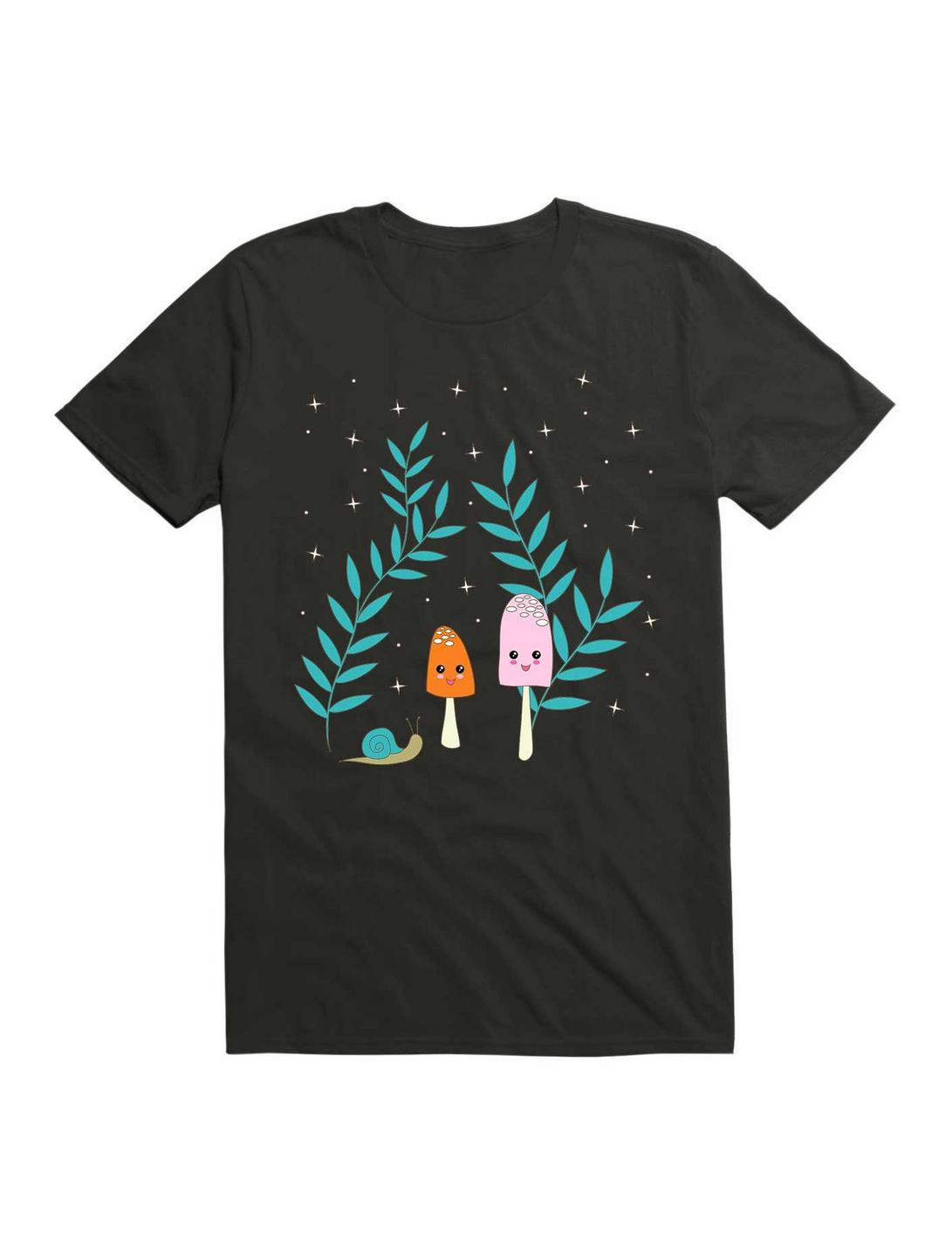 Kawaii Mushrooms In The Forest With Snail T-Shirt, BLACK, hi-res