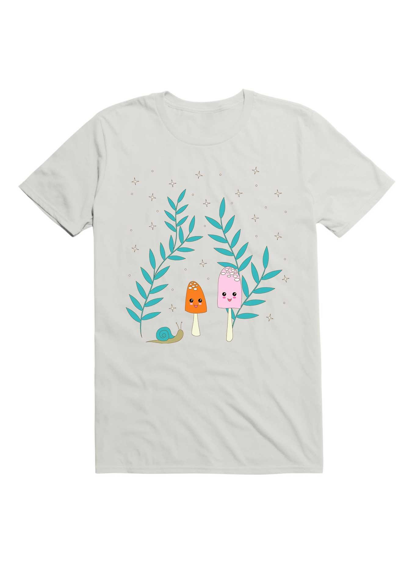 Kawaii Mushrooms In The Forest With Snail T-Shirt, WHITE, hi-res