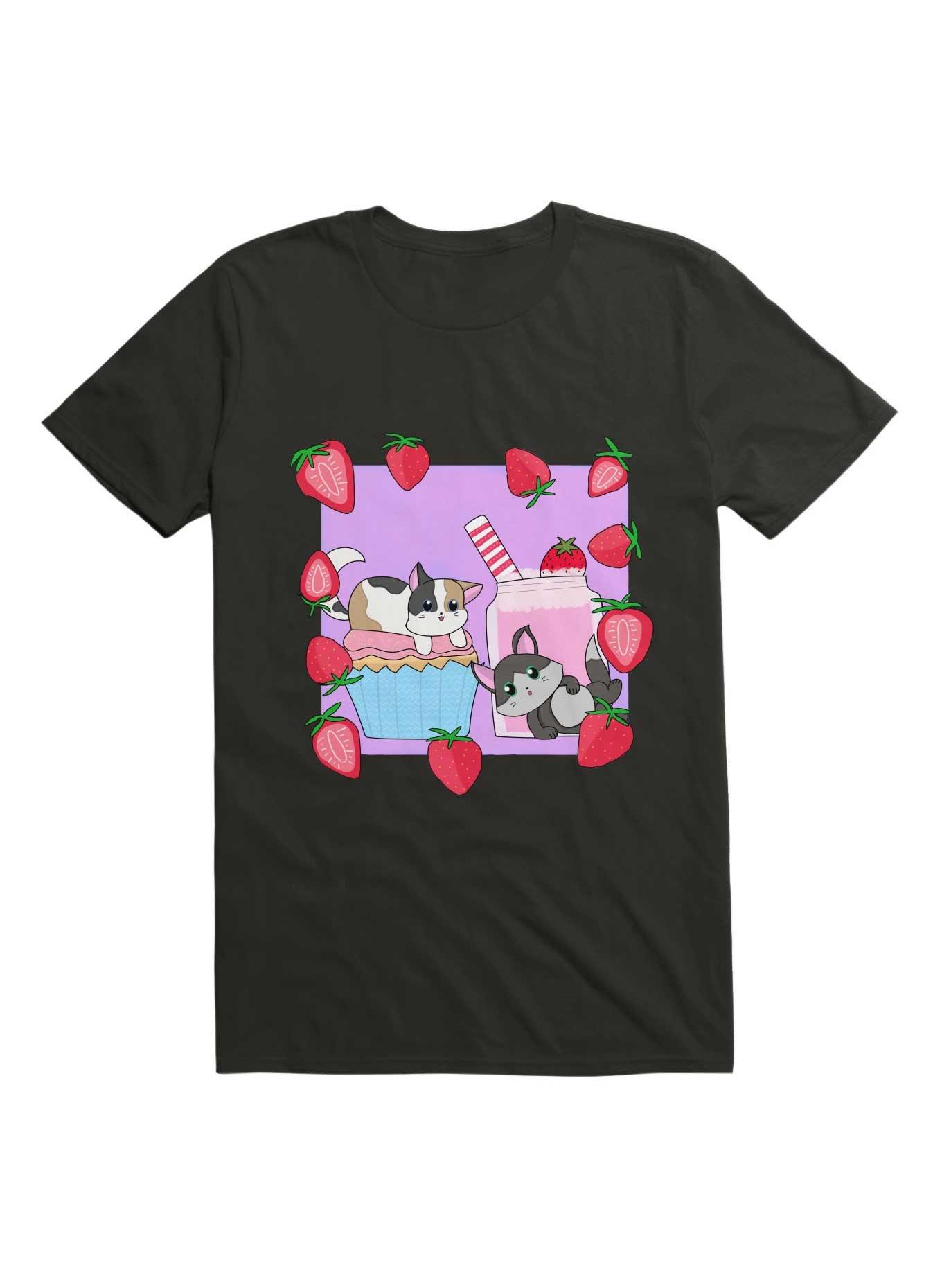 Kawaii Cats and Strawberries T-Shirt, BLACK, hi-res