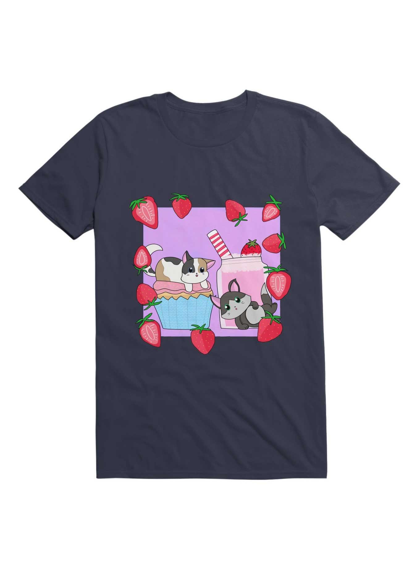 Kawaii Cats and Strawberries T-Shirt, NAVY, hi-res