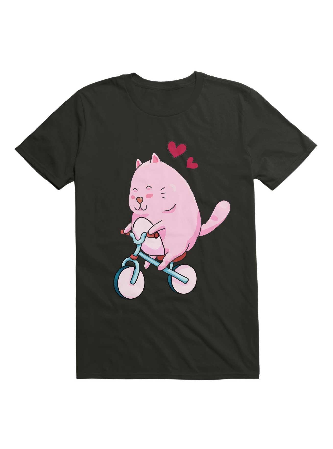 Kawaii Cute Cat On A Bicycle T-Shirt, BLACK, hi-res