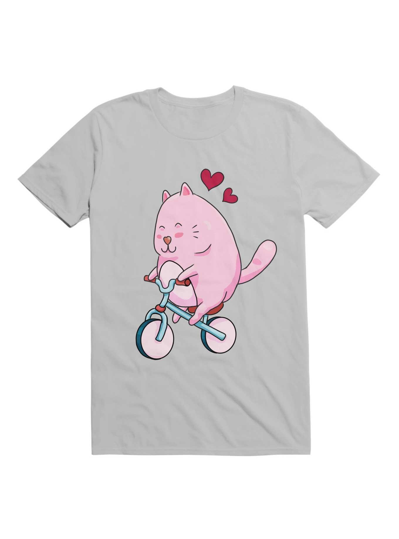 Kawaii Cute Cat On A Bicycle T-Shirt, ICE GREY, hi-res