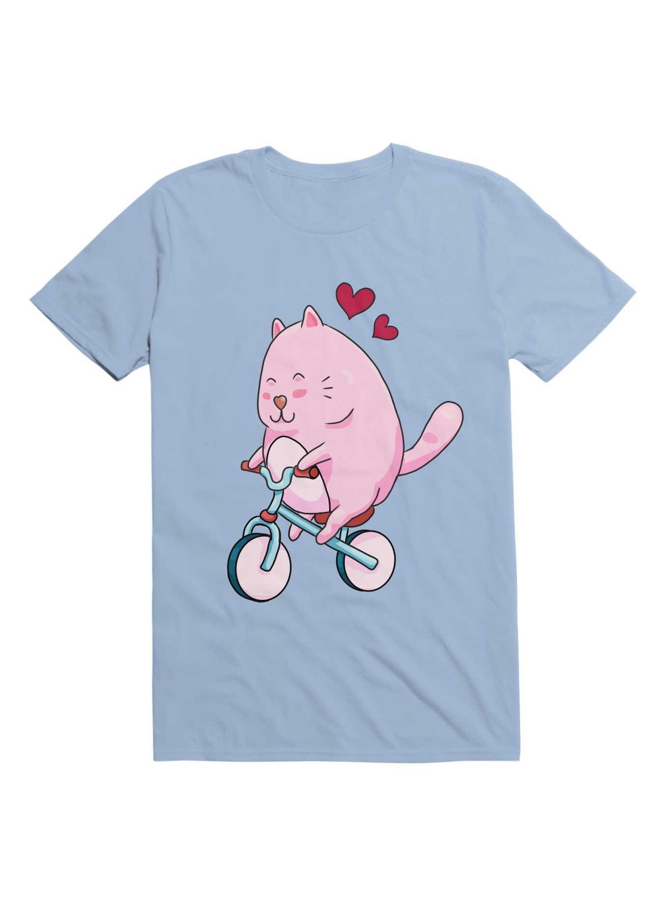 Kawaii Cute Cat On A Bicycle T-Shirt, LIGHT BLUE, hi-res
