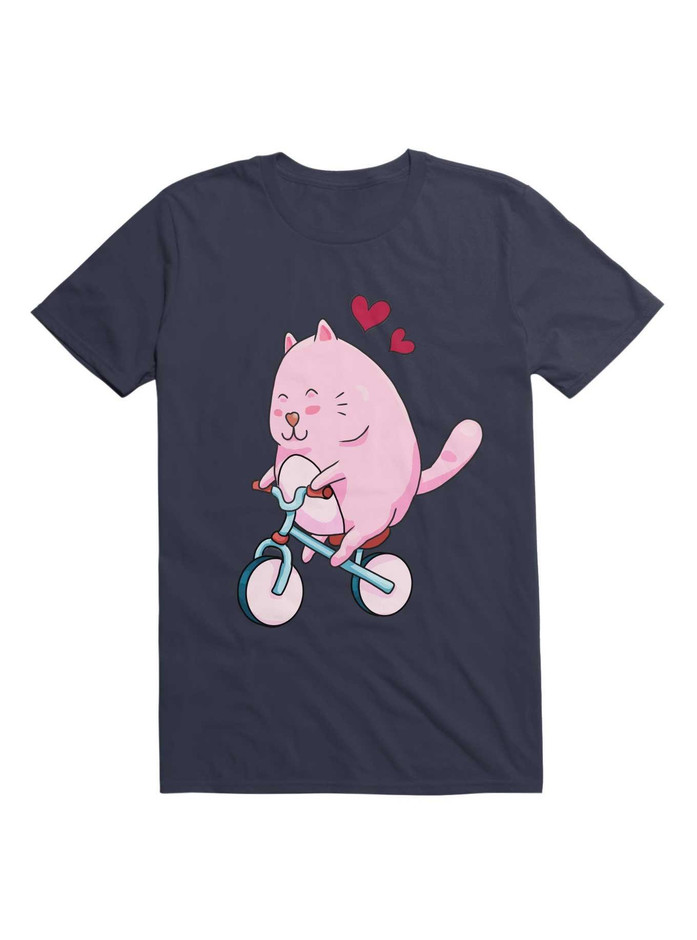 Kawaii Cute Cat On A Bicycle T-Shirt, NAVY, hi-res