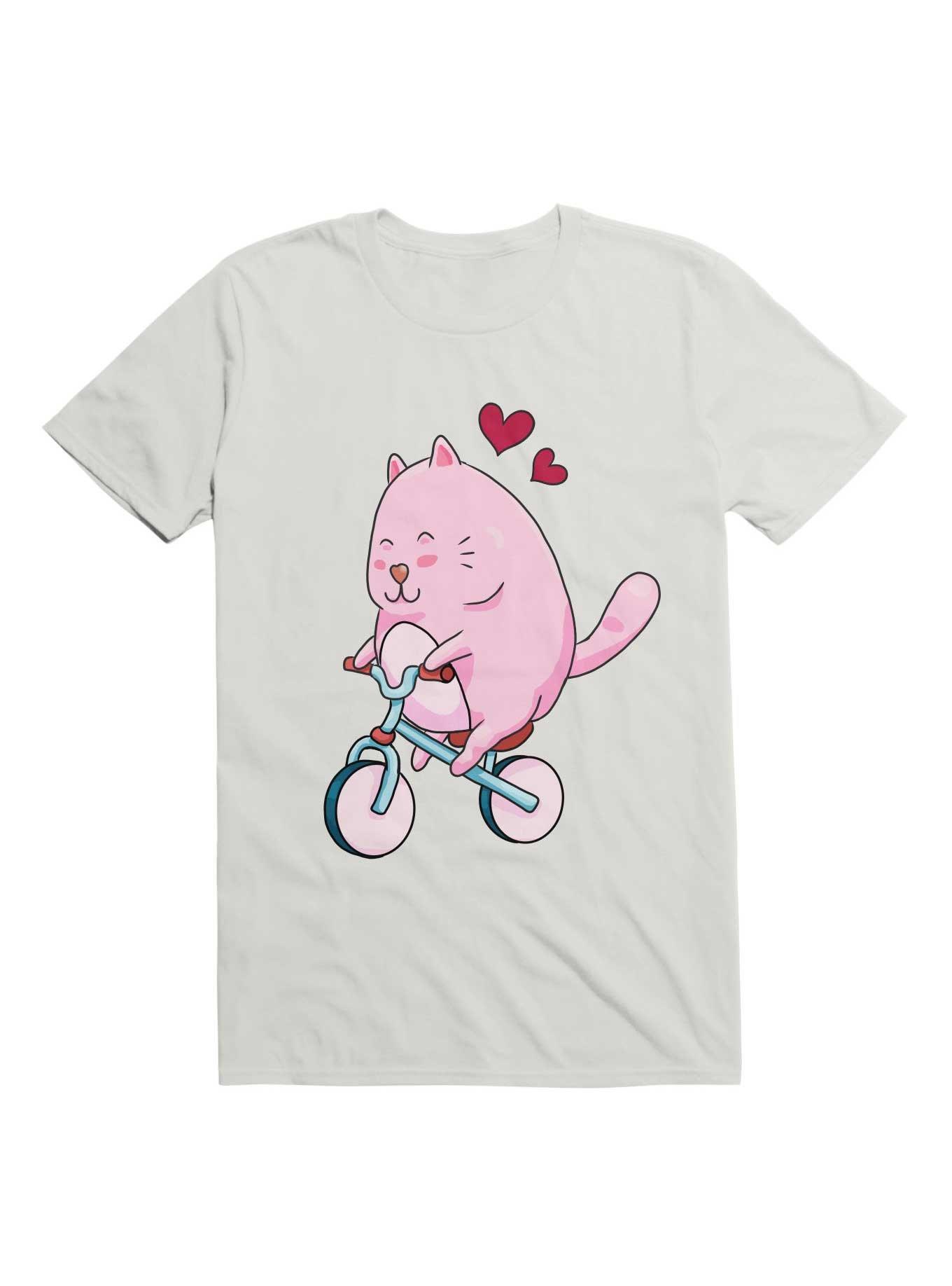 Kawaii Cute Cat On A Bicycle T-Shirt, WHITE, hi-res