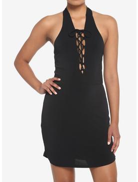 Black Lace-Up Halter Dress, , hi-res