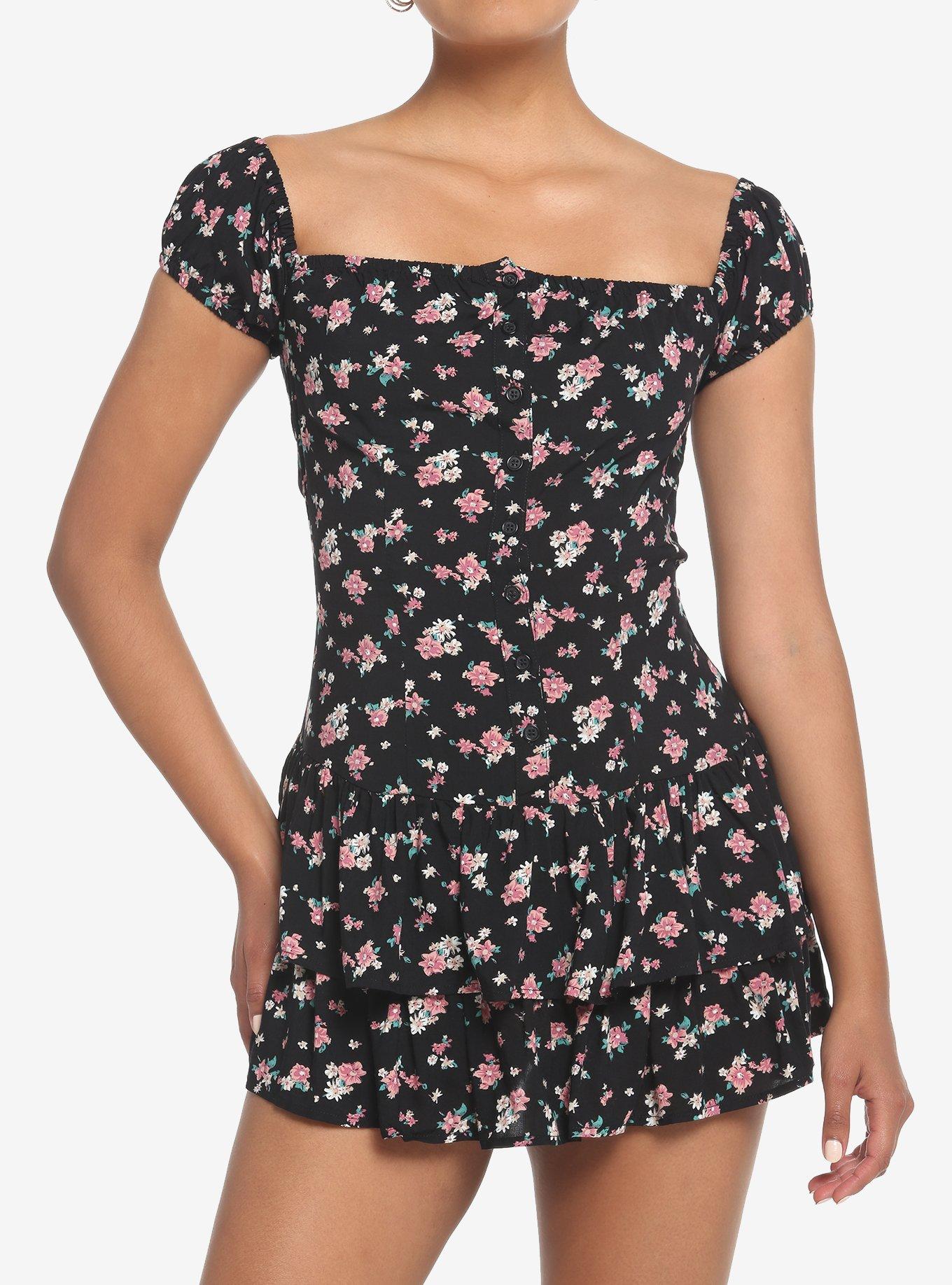 Black Floral Tiered Dress, , hi-res