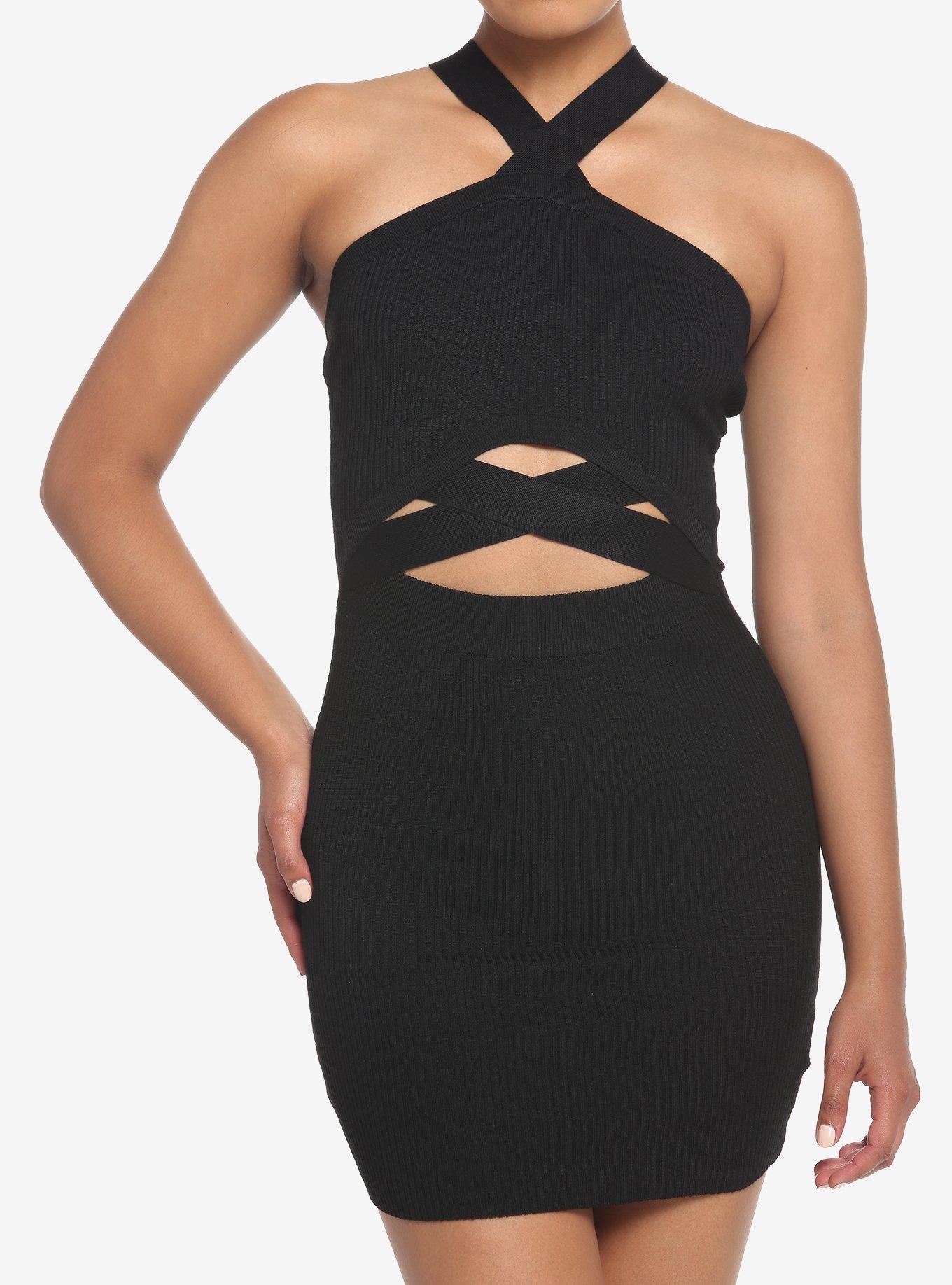 Black Cutout Halter Dress, , hi-res