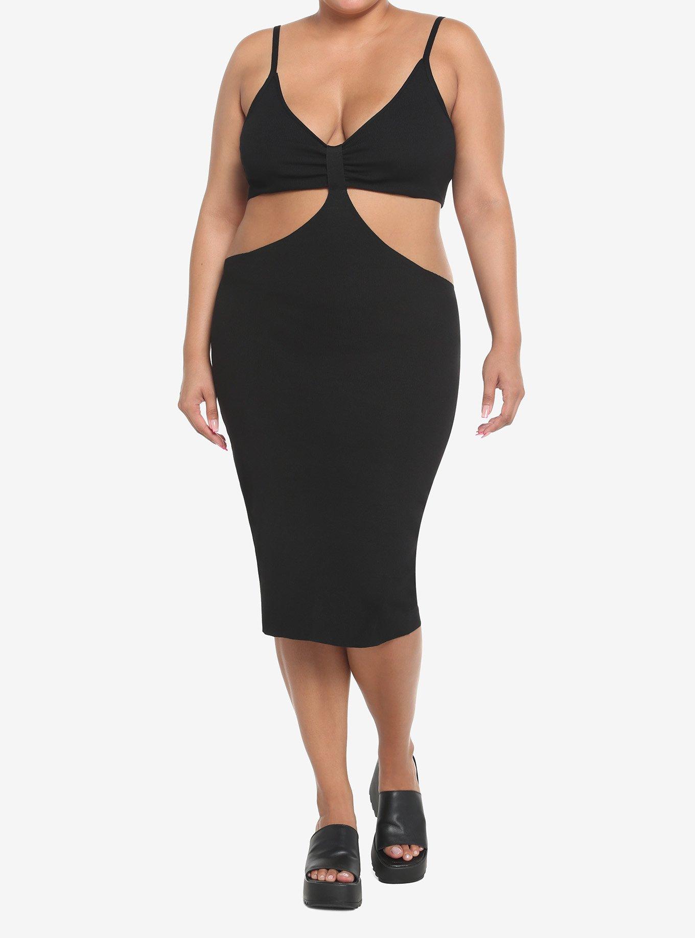 Black Side Cutout Midi Dress Plus Size, BLACK, hi-res