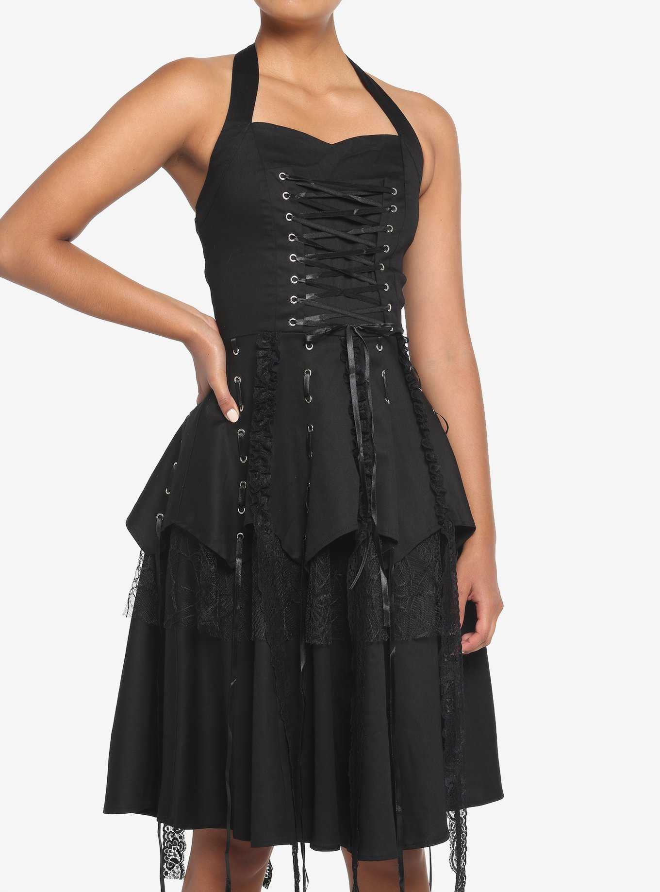 Black Gothic Tiered Halter Dress, , hi-res