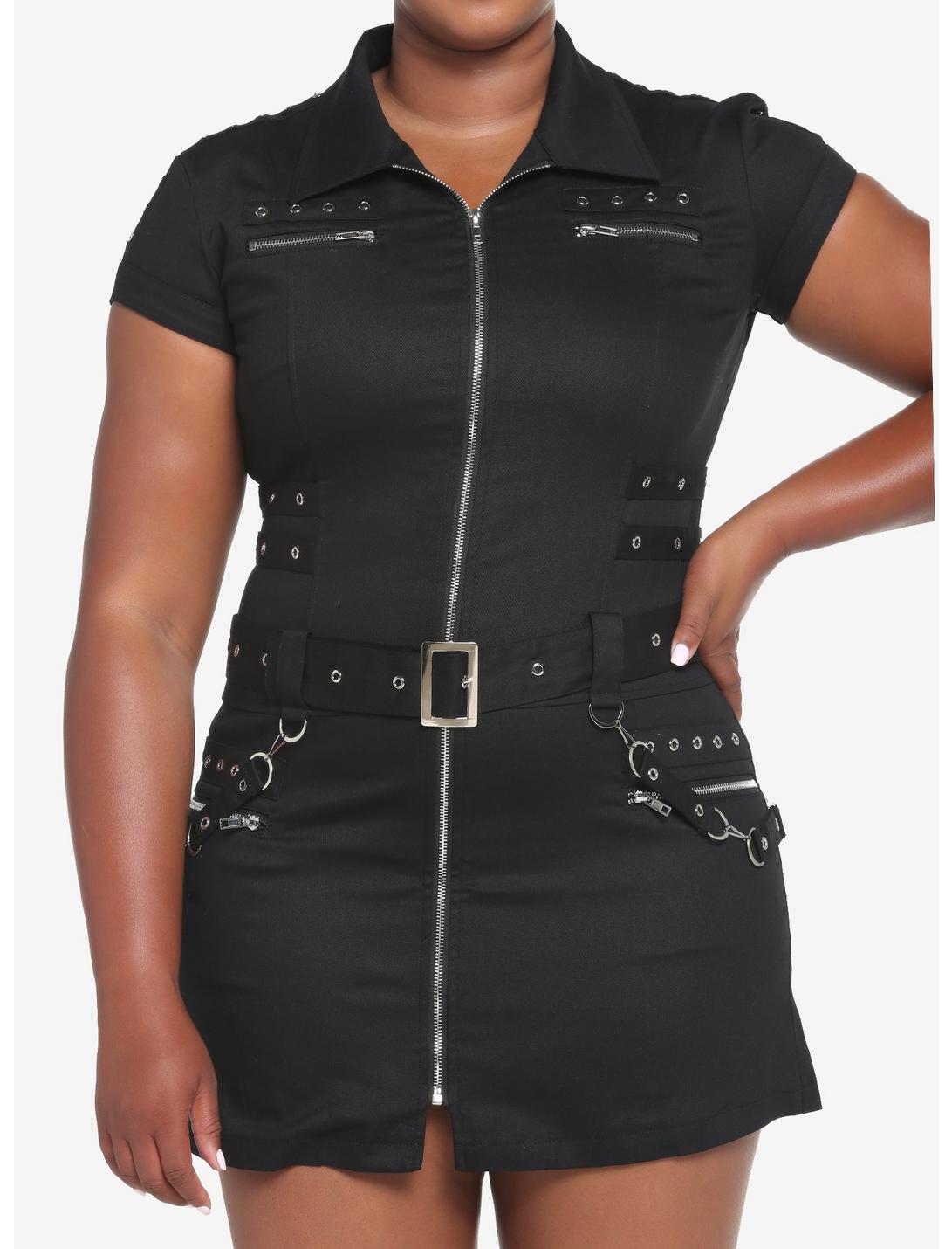 Black Grommets & Straps Zip-Up Dress Plus Size, BLACK, hi-res