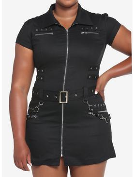 Black Grommets & Straps Zip-Up Dress Plus Size, , hi-res