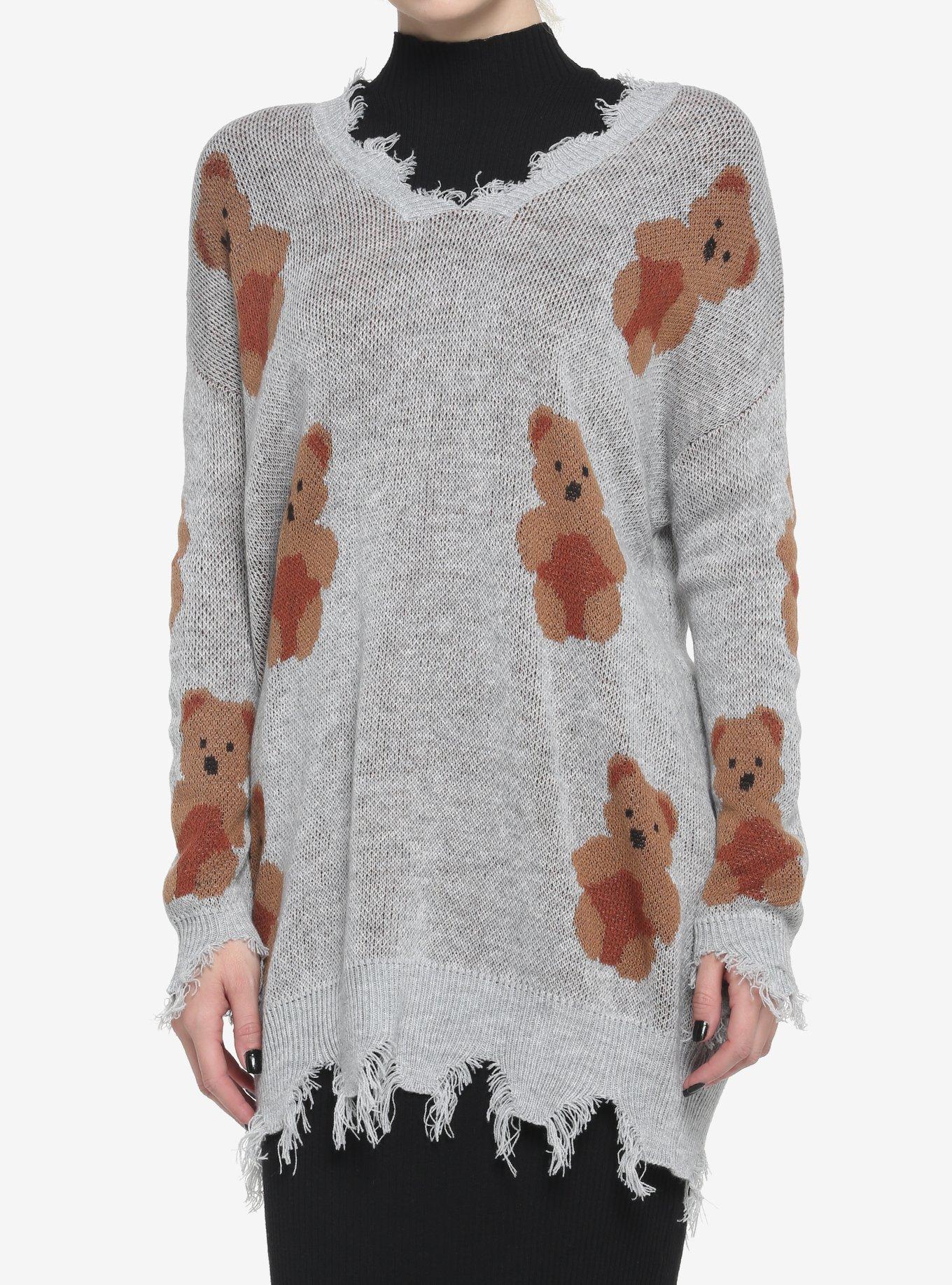 Teddy Bear Distressed Sweater Dress, GREY, hi-res