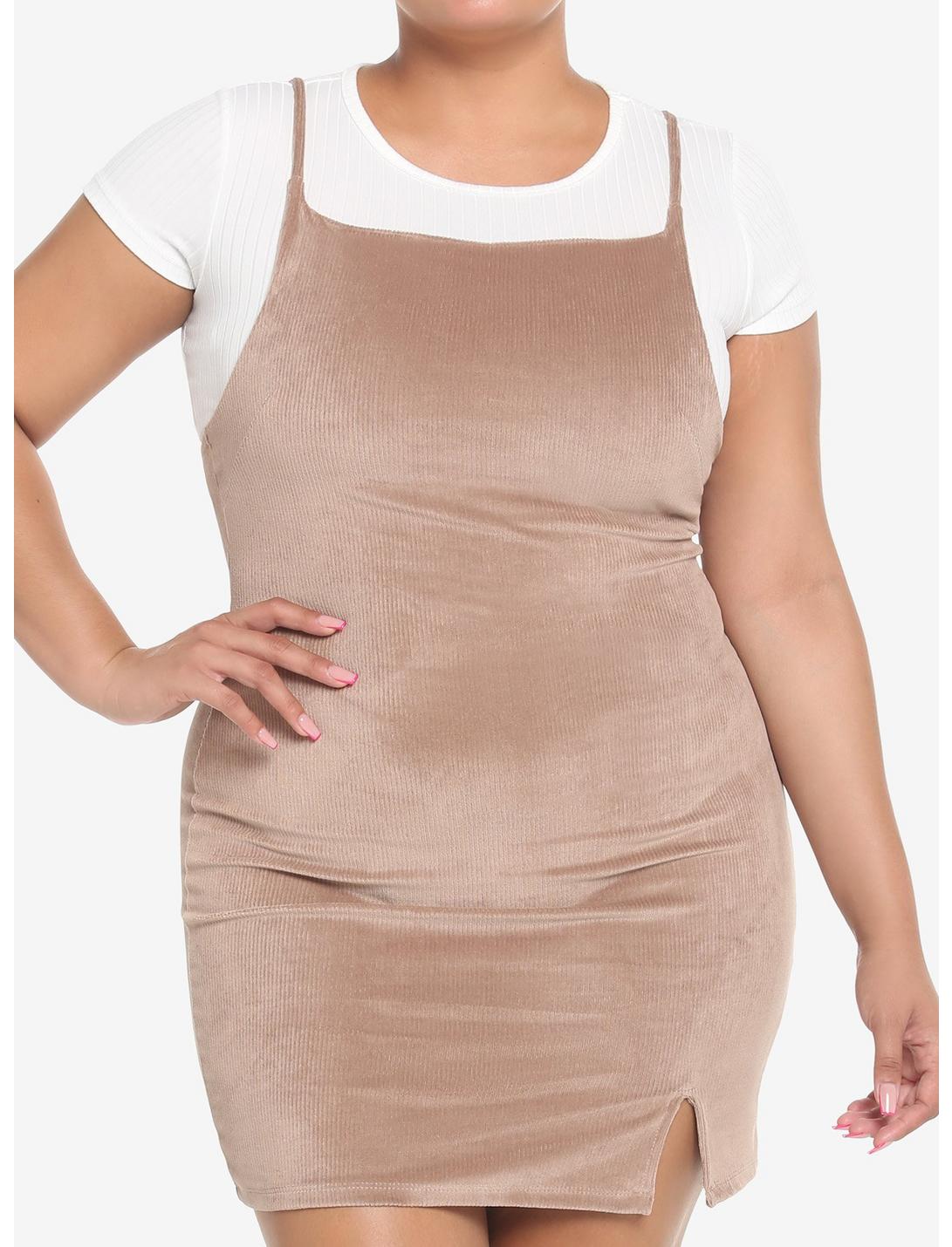 Brown & White Velvet Twofer Dress Plus Size, BROWN, hi-res