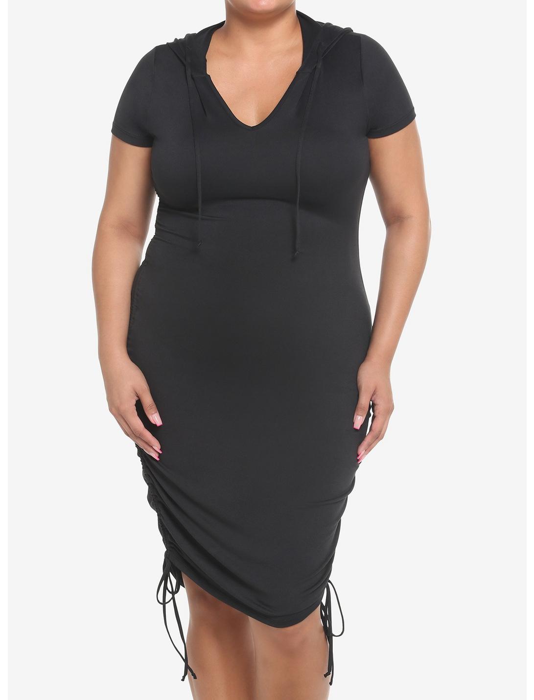 Black Ruched Hooded Dress Plus Size, BLACK, hi-res