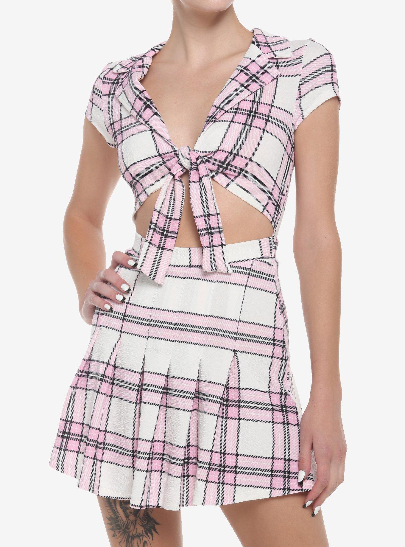 Pink & White Plaid Tie-Front Cutout Dress, , hi-res