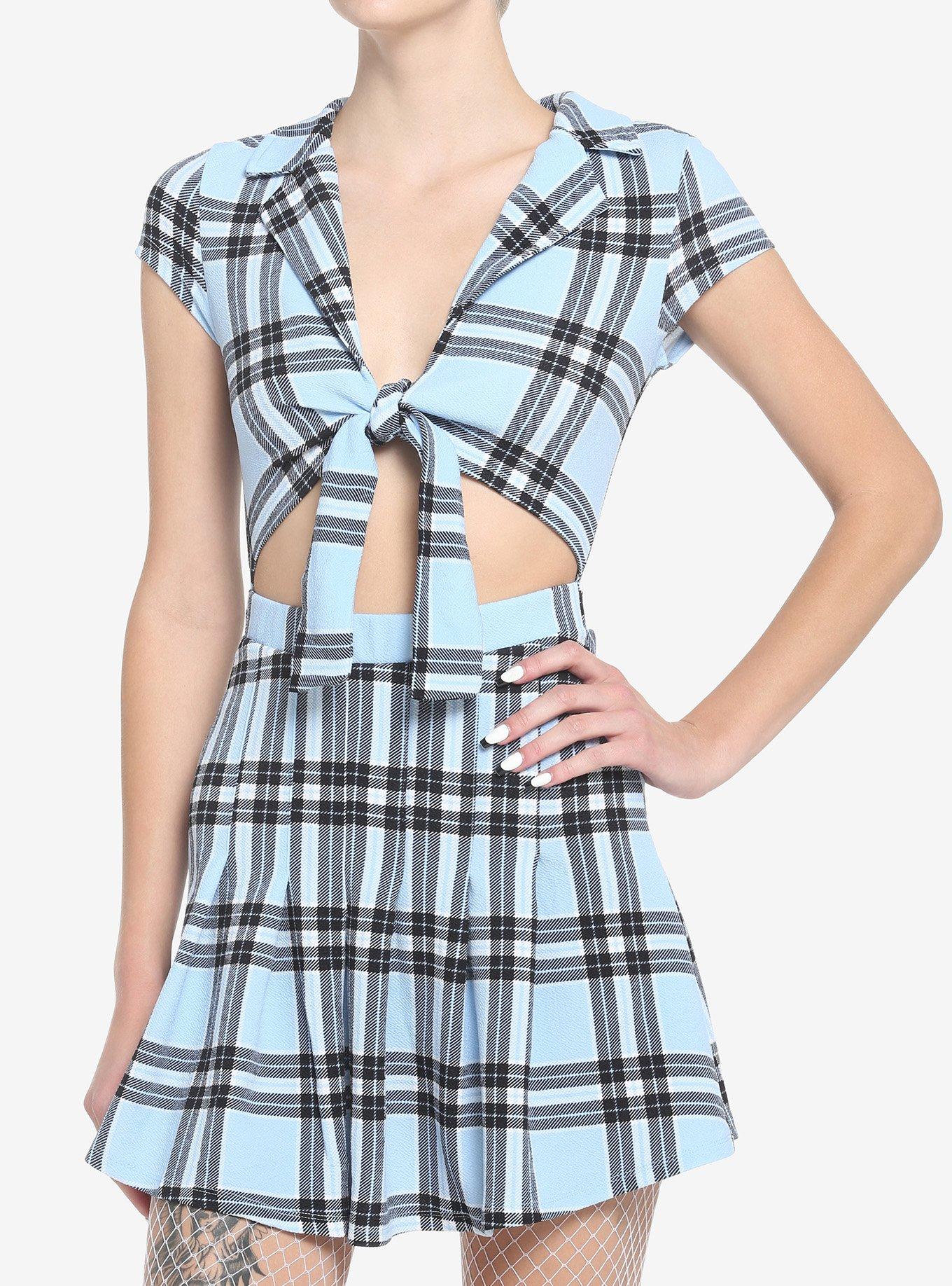 Light Blue Plaid Tie-Front Dress, , hi-res
