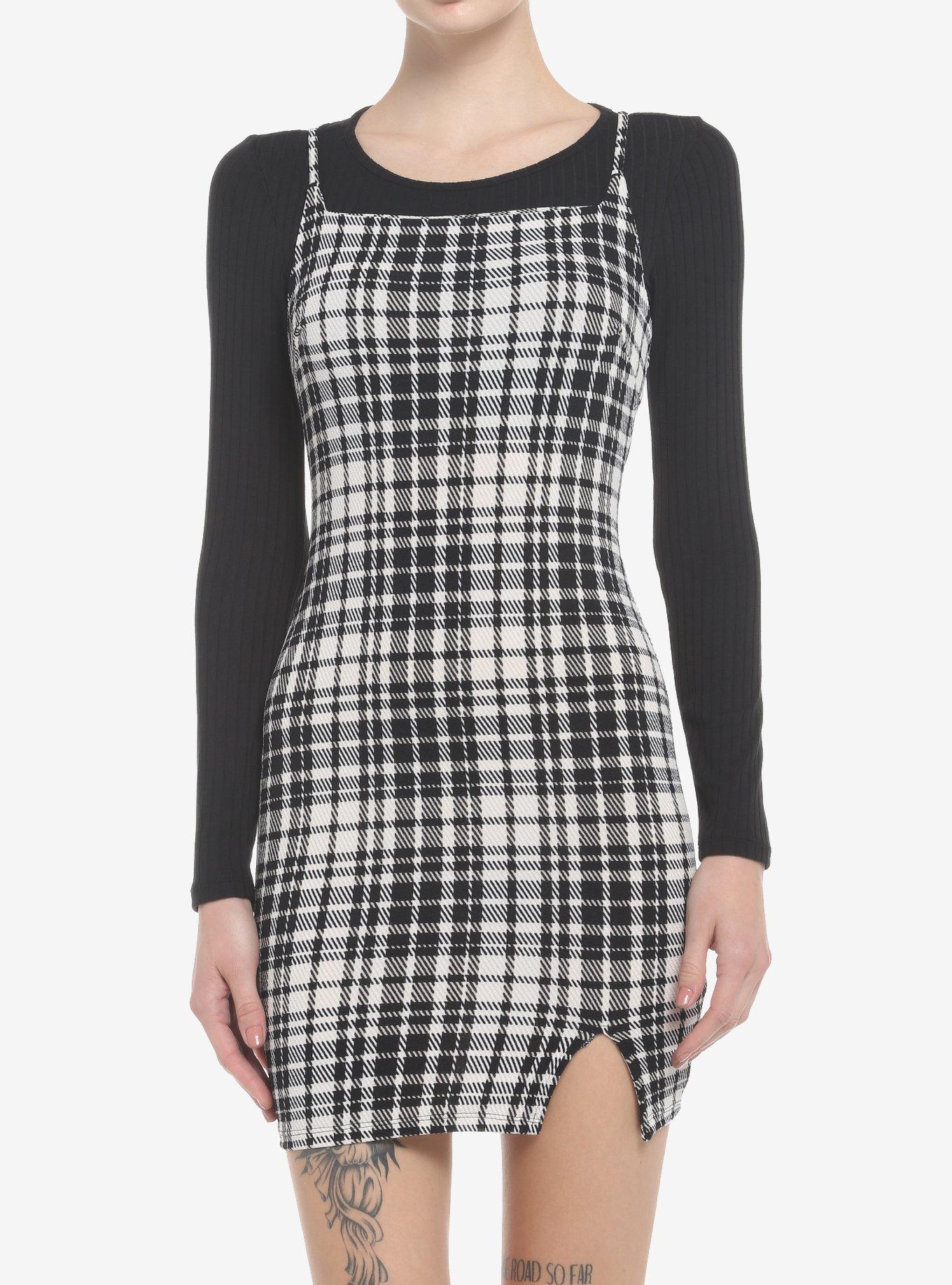 black and white plaid bodycon dress Amazon.com: MENRIAOV Women's Black White Race Checkered Flag Long Sleeve  Short Mini Dress Crewneck Bodycon Dress S : Clothing, Shoes & Jewelry