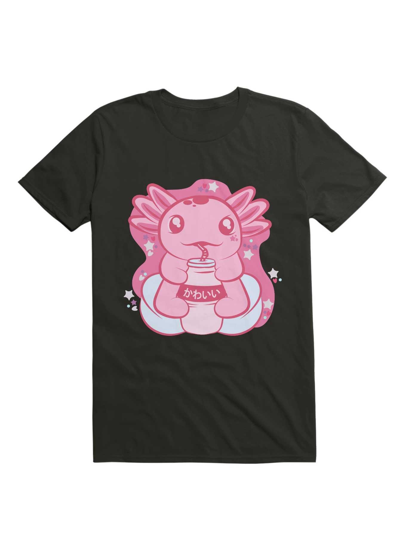 Kawaii Cute Axolotl Drinking Boba T-Shirt, , hi-res