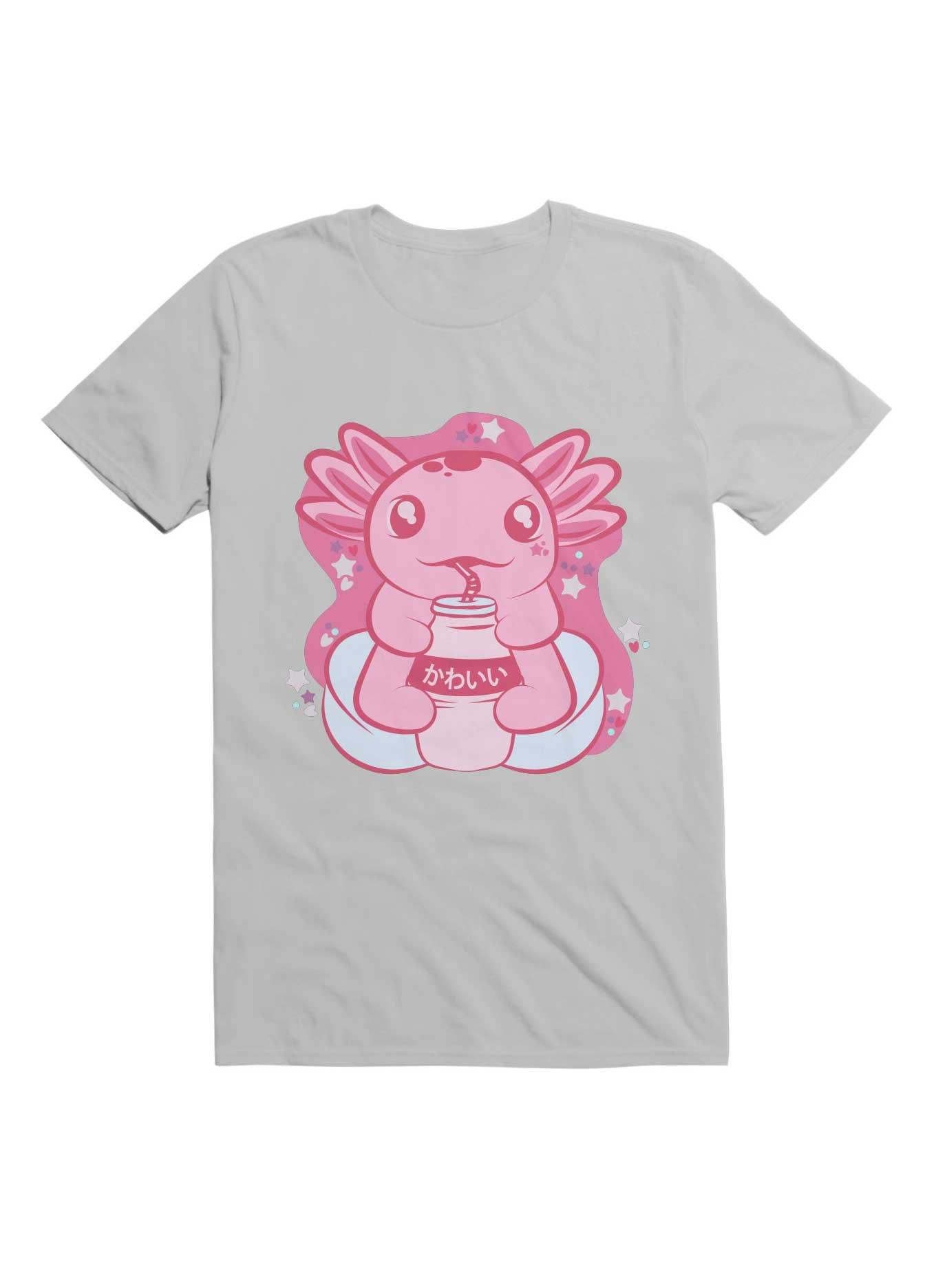 Kawaii Cute Axolotl Drinking Boba T-Shirt, ICE GREY, hi-res