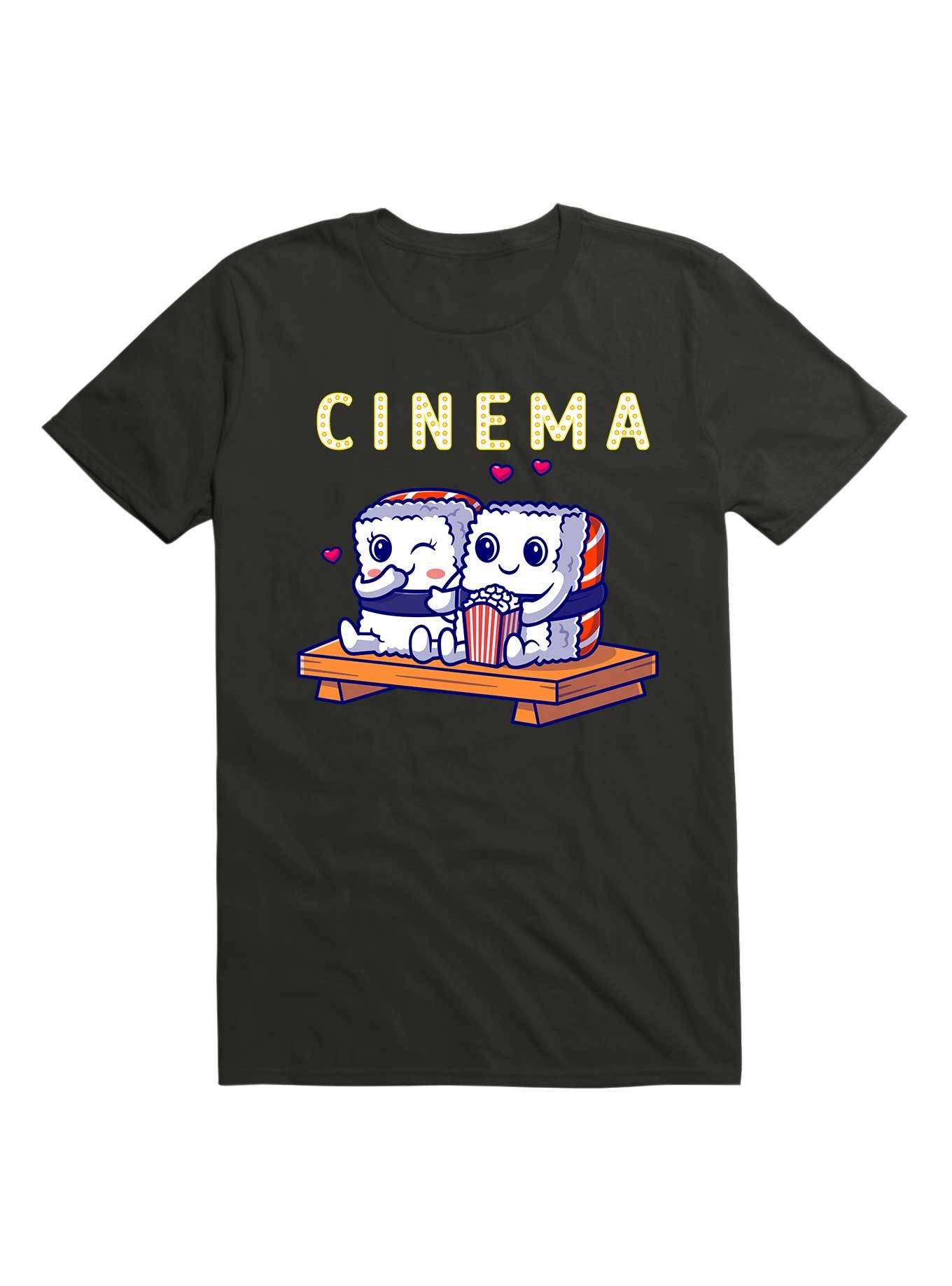 Kawaii Funny Cute Sushi Couple Watching Home Cinema T-Shirt, BLACK, hi-res