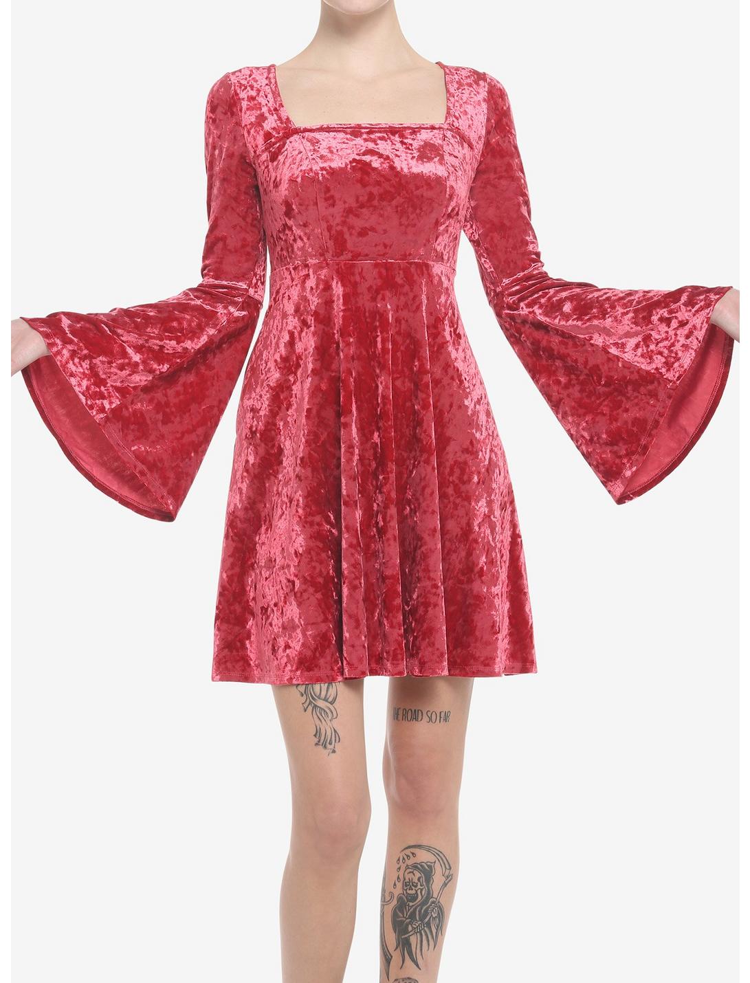 Red Crushed Velvet Bell Sleeve Mini Dress, MULTI, hi-res