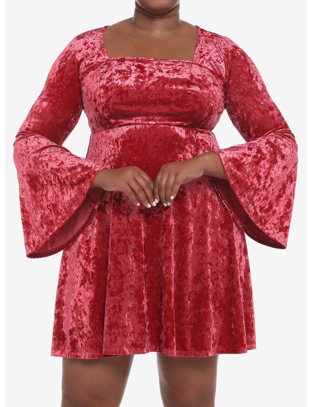 Red Crushed Velvet Bell Sleeve Mini Dress Plus Size, MULTI, hi-res