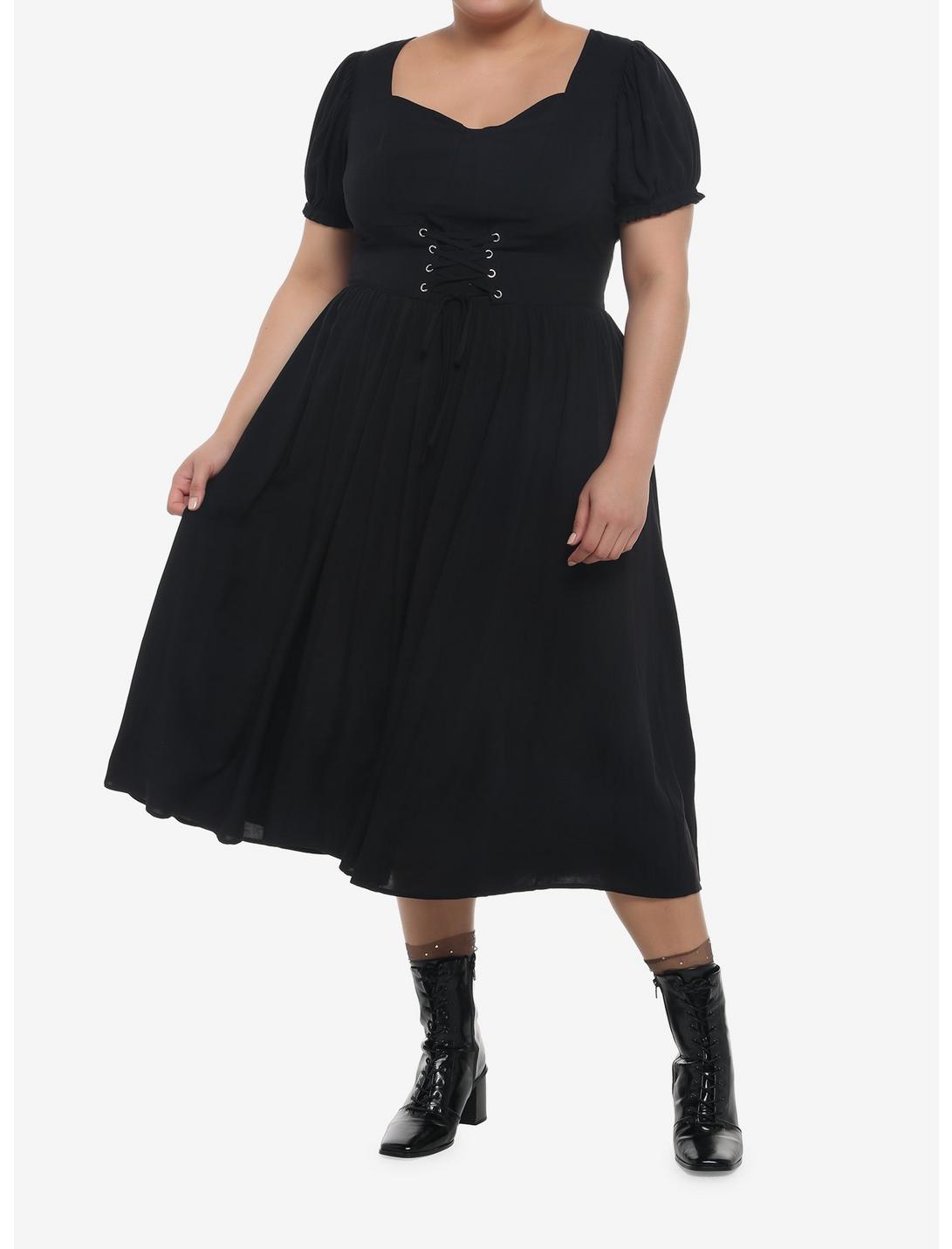 Black Puff Sleeve Corset Midi Dress Plus Size, MULTI, hi-res