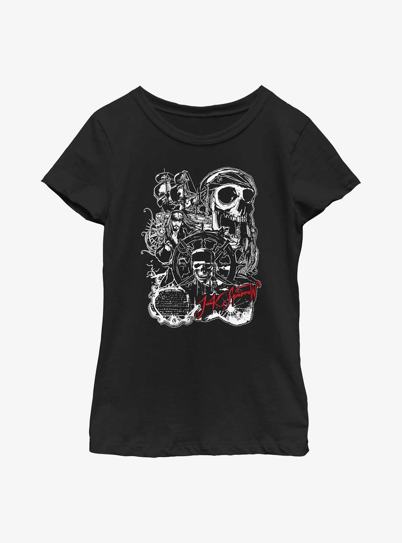 Disney Pirates Of The Caribbean Jack Sparrow Collage Youth Girls T-Shirt, BLACK, hi-res