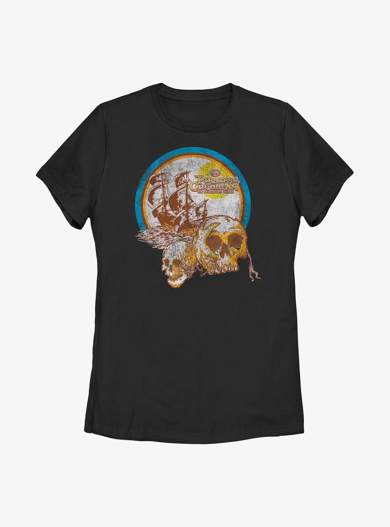 Disney Pirates Of The Caribbean: On Stranger Tides distressed skulls Womens T-Shirt, BLACK, hi-res