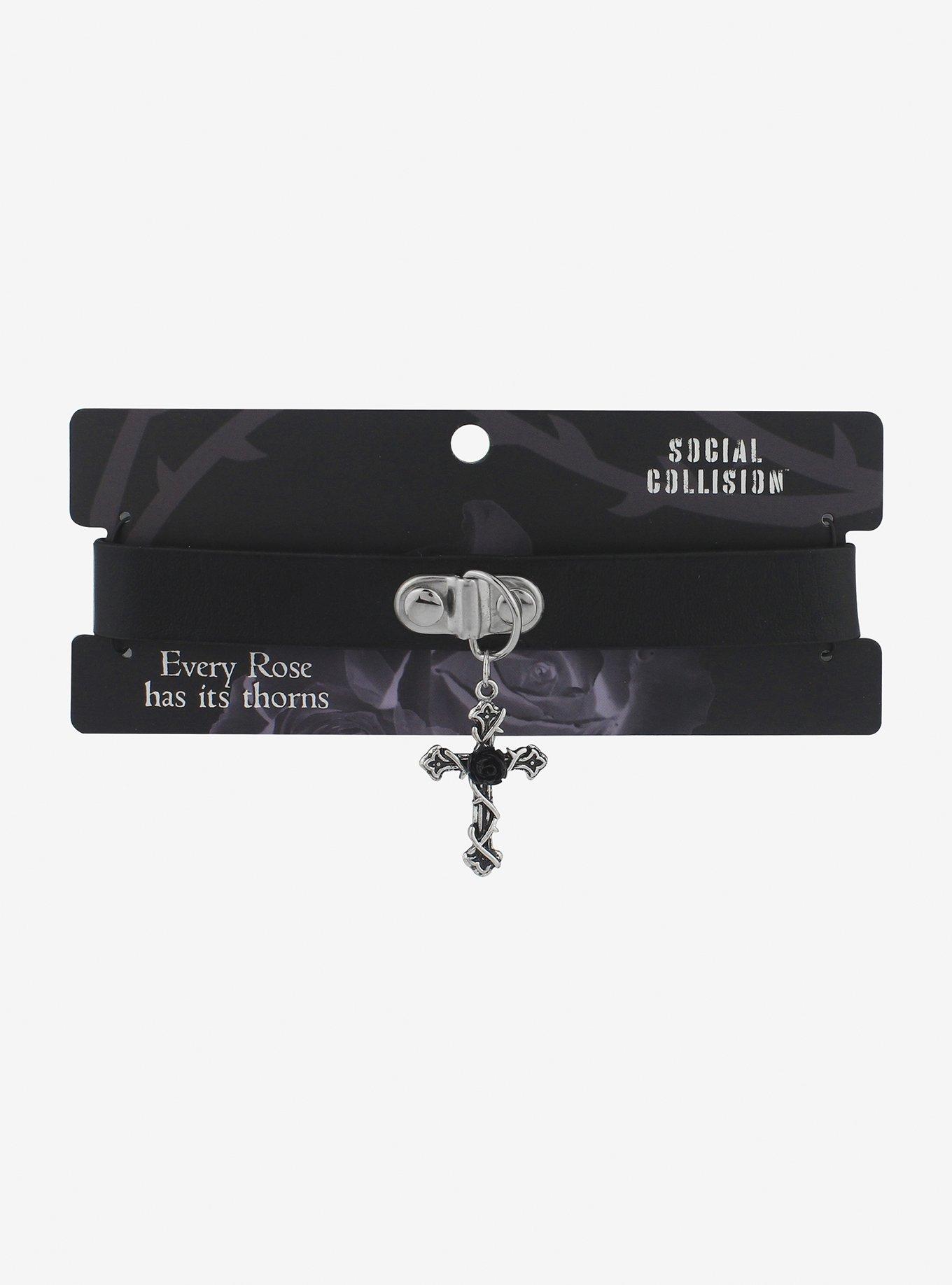Black Ornate Cross Pendant Choker, , hi-res