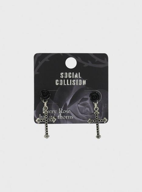 Black Rose Cross Drop Earrings | Hot Topic