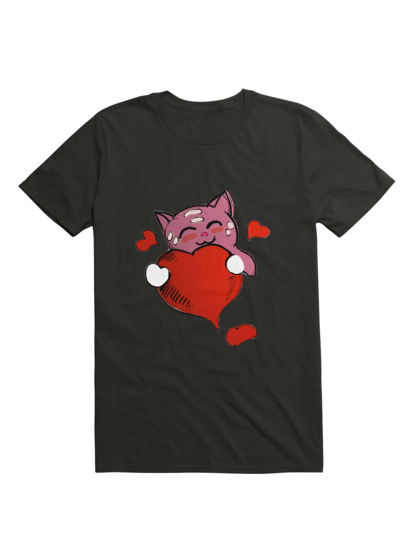 Kawaii Lovely pink Kawaii cat holding a red heart T-Shirt, BLACK, hi-res