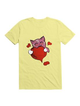 Kawaii Lovely pink Kawaii cat holding a red heart T-Shirt, , hi-res