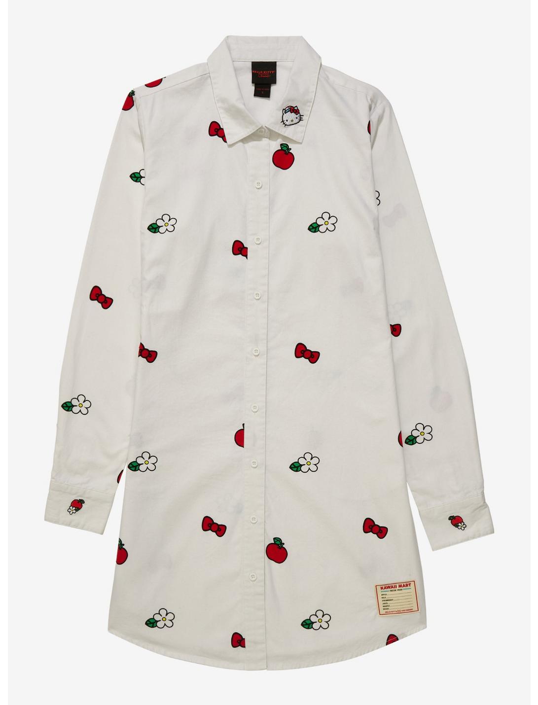 Sanrio Hello Kitty Icons Allover Print Button-Down Shirt Dress, BRIGHT WHITE, hi-res