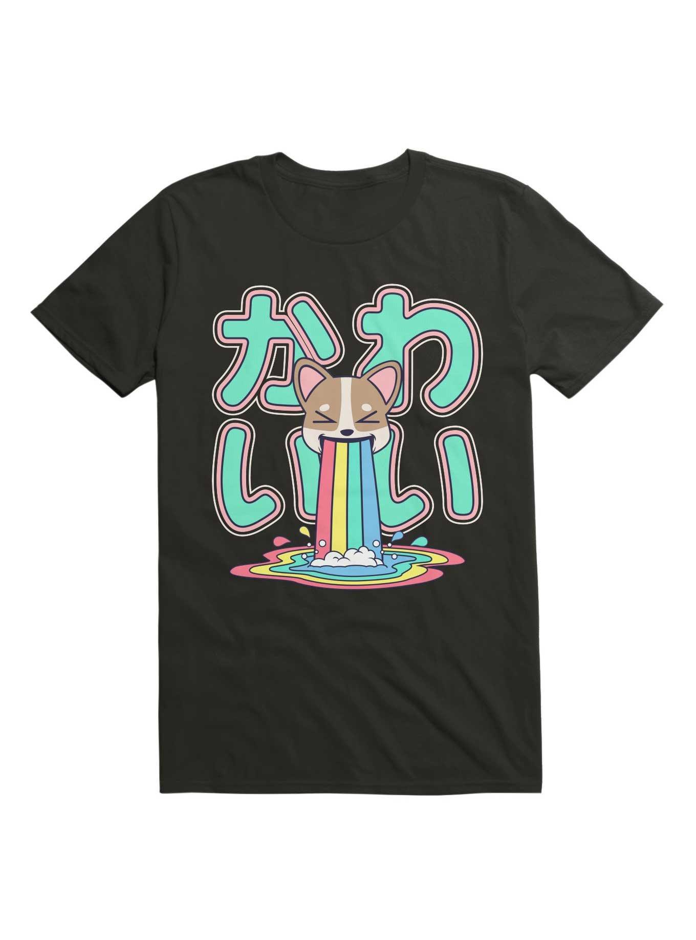 Kawaii Corgi Rainbow Puke T-Shirt, BLACK, hi-res