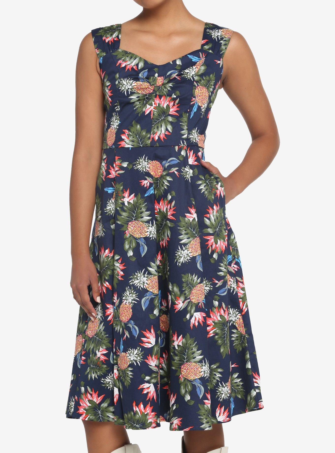 Navy Tropical Retro Dress, PINEAPPLE - WHITE, hi-res