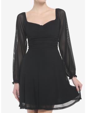 Black Bust Cup Ruched Peasant Long-Sleeve Dress, , hi-res