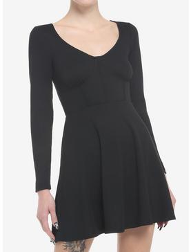 Plus Size Black Corset Seam Long-Sleeve Dress, , hi-res