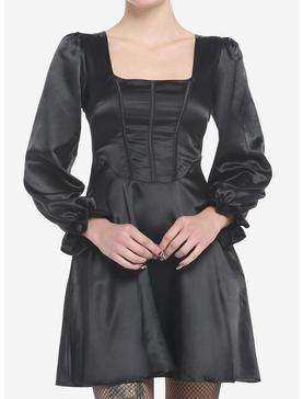 Plus Size Black Satin Princess Long-Sleeve Dress, , hi-res