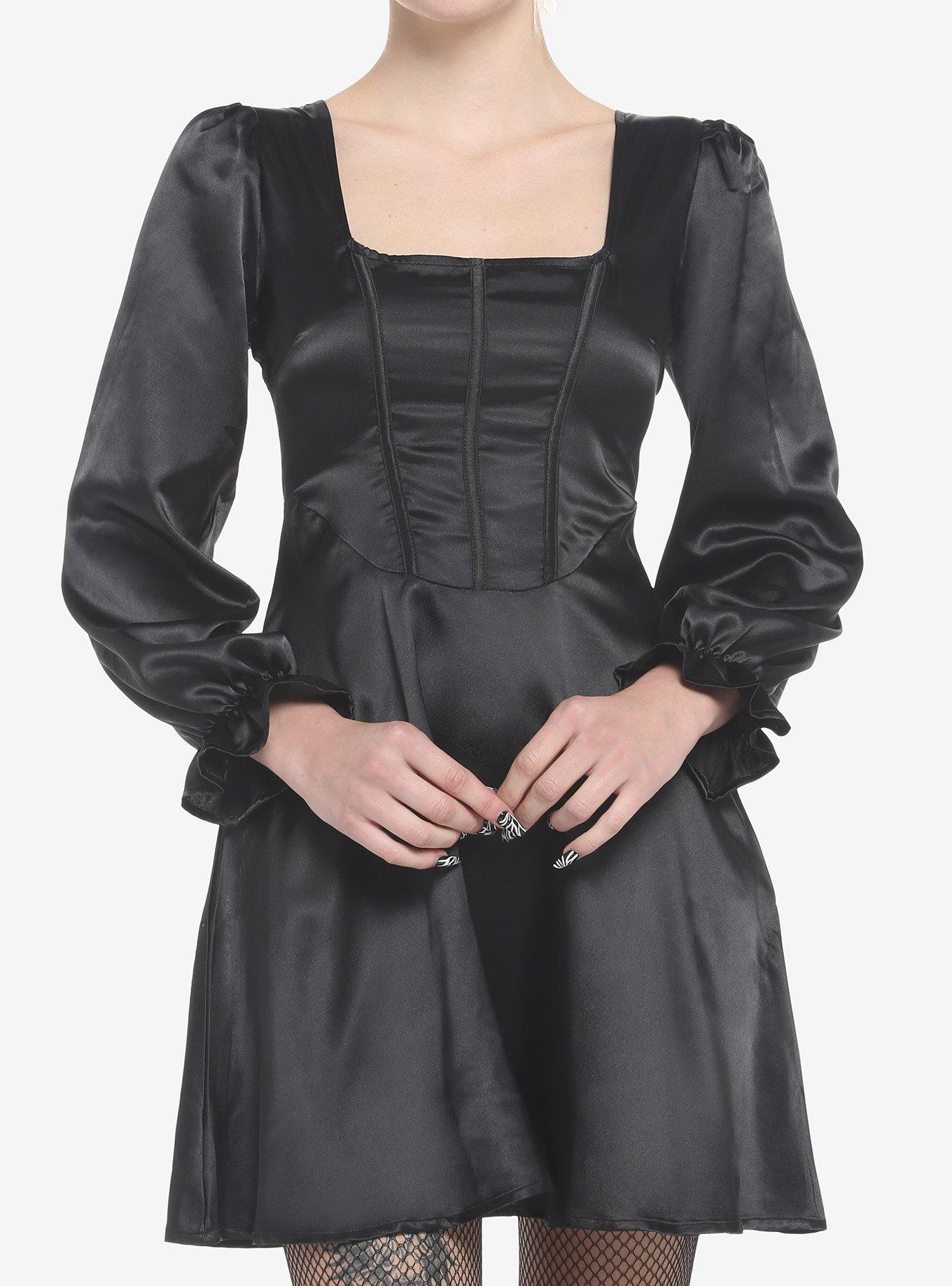 Black Satin Princess Long-Sleeve Dress, BLACK, hi-res
