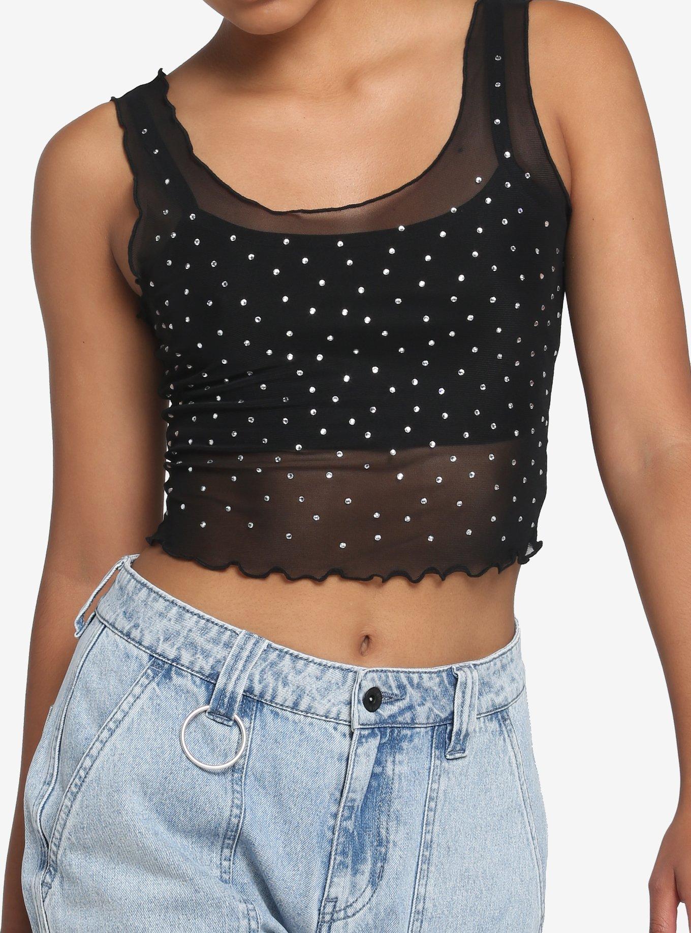 Black Mesh Rhinestone Girls Crop Tank Top, BLACK, hi-res