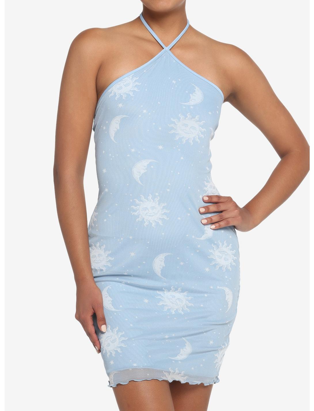 Light Blue Celestial Mesh Halter Mini Dress, CELESTIAL, hi-res
