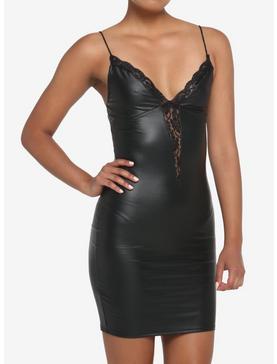 Black Faux Leather Lace V-Neck Mini Dress, , hi-res