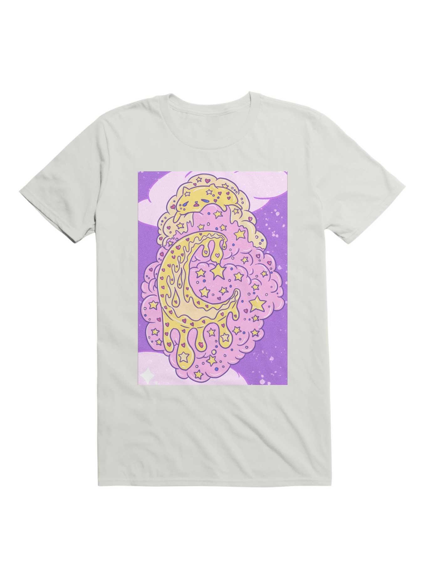 Kawaii Custard Cat Melting On A Cloud In A Purple Sky T-Shirt, , hi-res