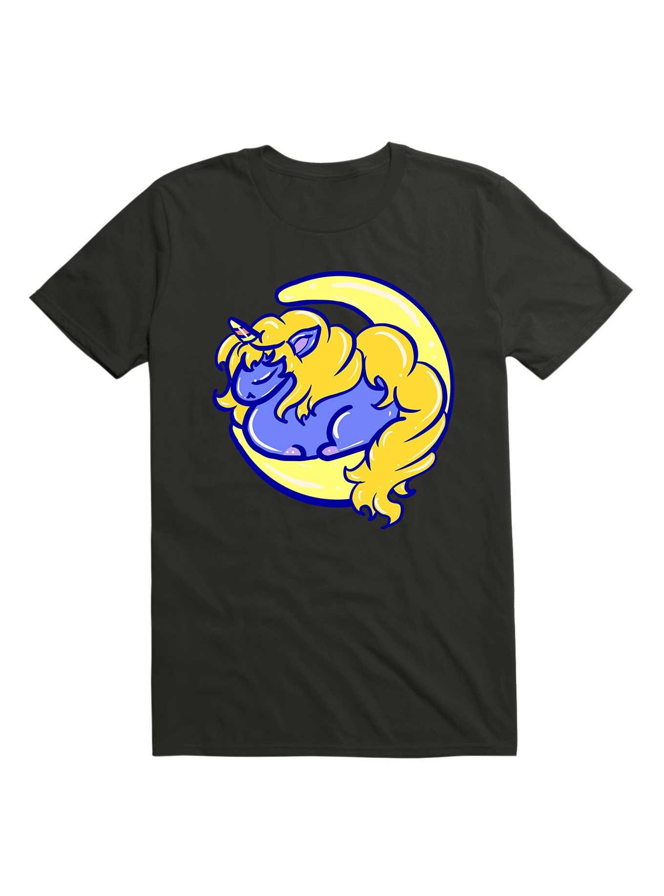 Kawaii Sleepytime Unicorn On The Moon T-Shirt, BLACK, hi-res